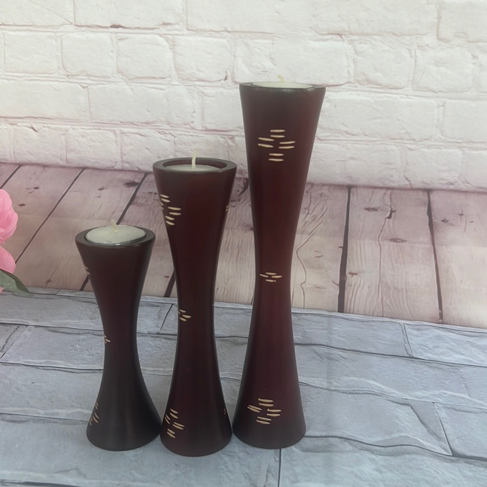 Mahogany Wooden vase carved taper candle trio elegant decorative home decor